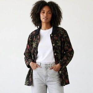 NWT Susan Graver Black Floral Tapestry Shacket